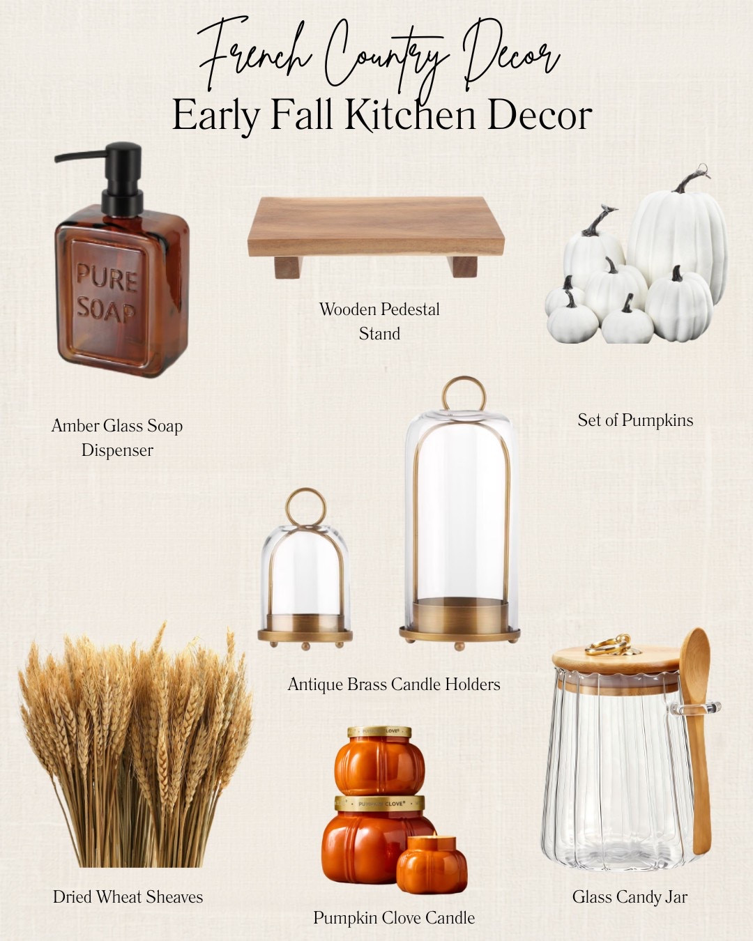 Feeling like you might be ready to add a little French country Fall flair to your kitchen?

It is still sooo hot outside but I’m ready to dip my toe into Fall! Starting with some pumpkin candles, dried wheat, some gold and glass candle holders, white pumpkins, amber soap holder, and pretty shelf for soap and dishwashing accessories.

Happy early Fall!

#LTKSeasonal #LTKOver40 #LTKHome