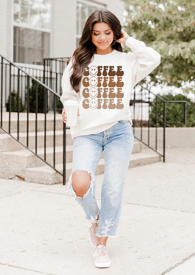 Coffee Smiley Repeat Ivory Corded Graphic Sweatshirt | Pink Lily