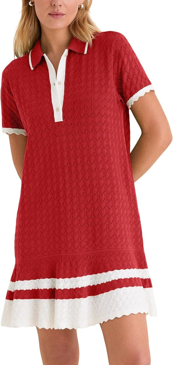 Shiyifa Womens Summer Sweater Polo Dresses Crochet Knit Short Sleeve Mini Dress Loose Casual Sund... | Amazon (US)