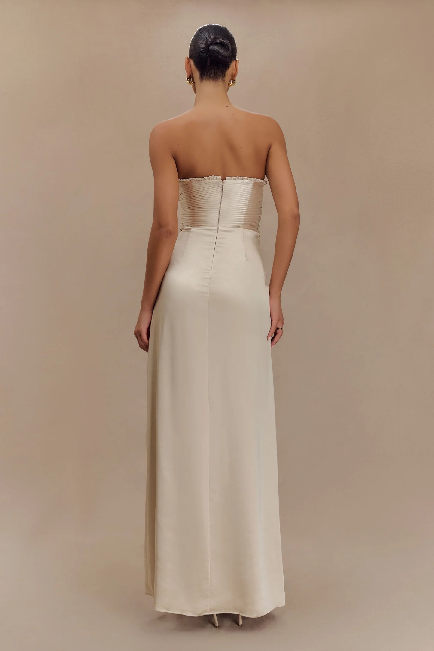 Larissa Satin Maxi Dress With Ruched Petals - Blush Gold | MESHKI US