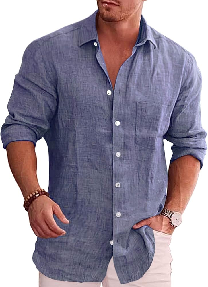 COOFANDY Men's Casual Button Down Shirt Long Sleeve Linen Chambray Shirt | Amazon (US)