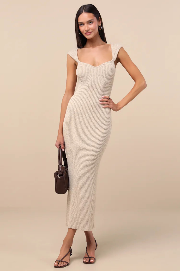 Chiara Beige Ribbed Knit Cap Sleeve Midi Dress | Lulus