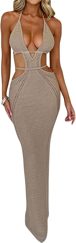 NUFIWI Women Backless Hollow Out Long Dress Sexy Tube Top Maxi Dress Bodycon Spaghetti Strap Cock... | Amazon (US)