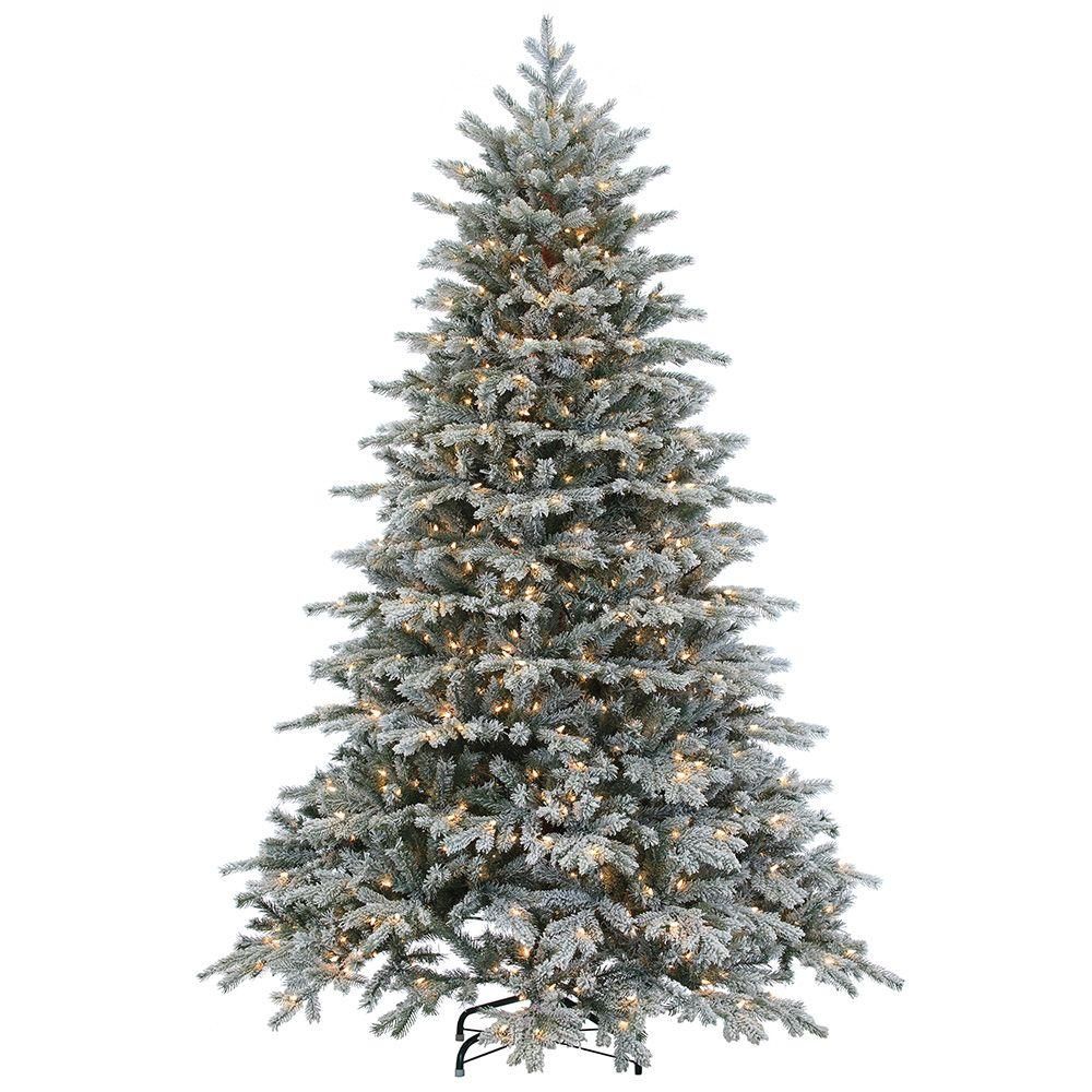 7.5 ft. Pre-Lit Natural Cut Flocked Vermont Spruce Artificial Christmas Tree with Clear Lights | The Home Depot