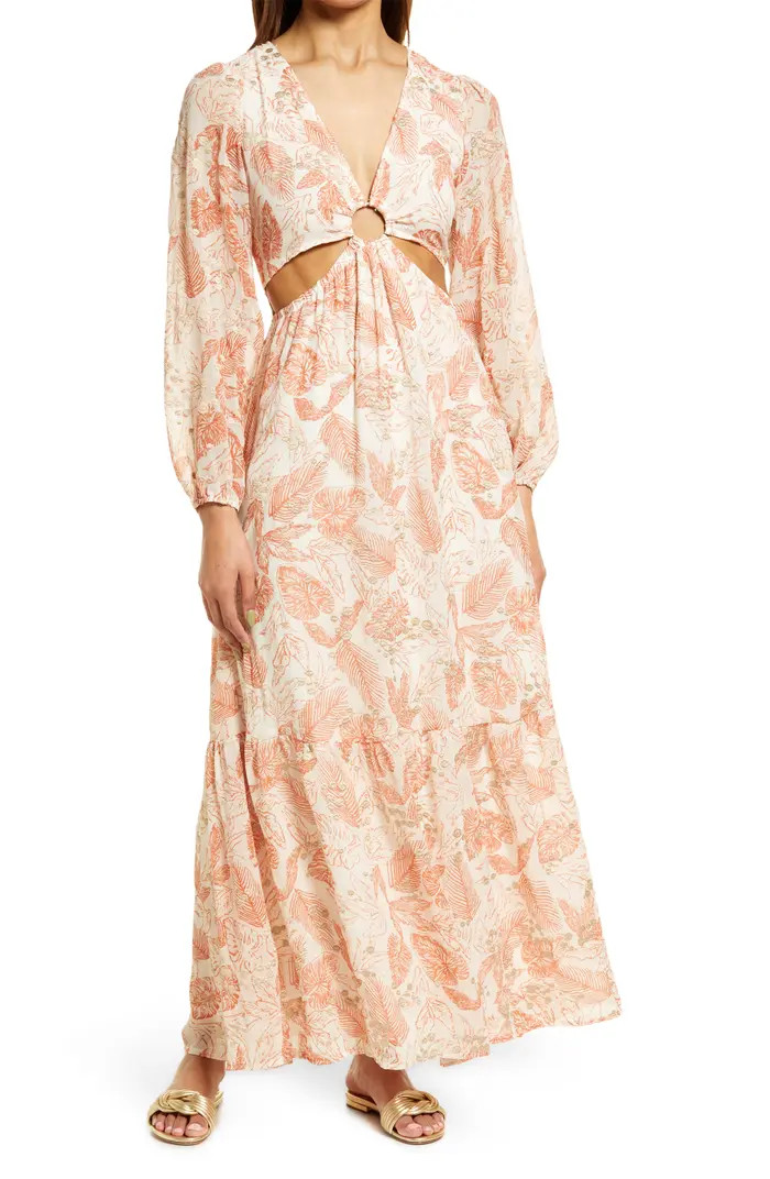 BTFL-life Metallic Embroidery Leaf Print Long Sleeve Maxi Dress | Nordstrom | Nordstrom