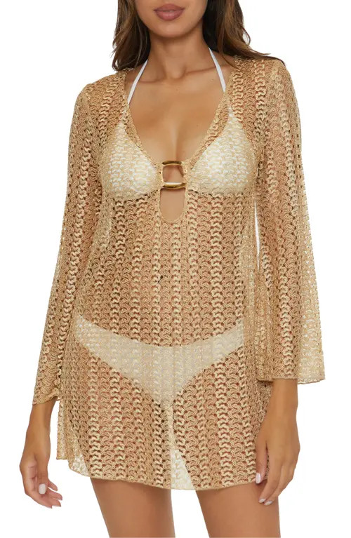 BECCA Metallic Long Sleeve Sheer Cover-Up Dress in Gold at Nordstrom, Size Small | Nordstrom