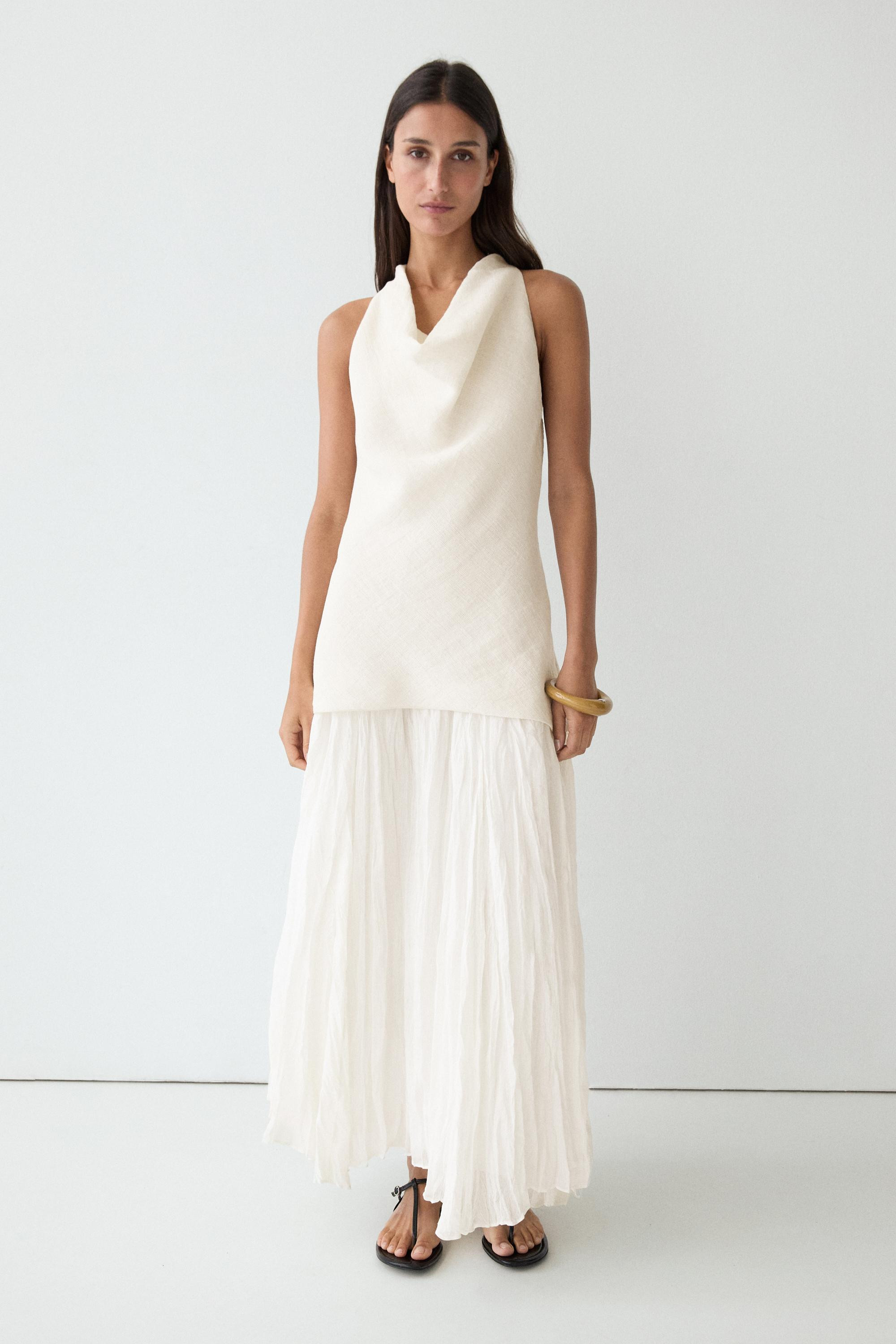 Combined flowing pleated linen dress | Massimo Dutti US