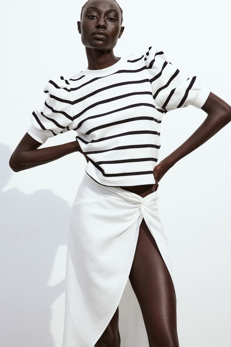Puff-sleeved Top - White/black striped - Ladies | H&M US | H&M (US + CA)