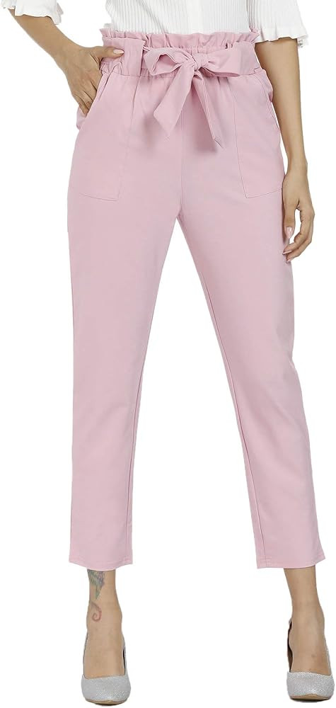 Freeprance Women's Pants Casual Trouser Paper Bag Pants Elastic Waist Slim Pockets | Amazon (US)