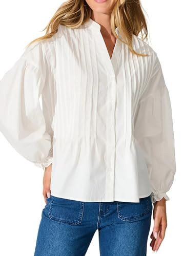 Skoinvb Womens Peplum Puff Sleeve Tops Button Down Blouse Work Shirts V Neck Pleated Shirt Mandarin Collar Teacher Outfits White M | Amazon (US)