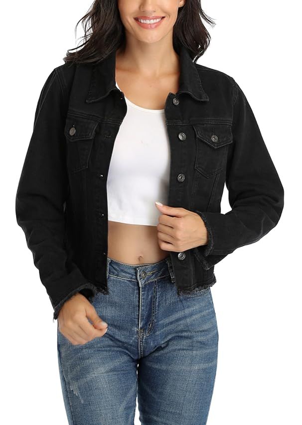 Anienaya Jean Jacket Women’s Frayed Washed Button Up Cropped Denim Jacket w 2 Side Pockets | Amazon (US)