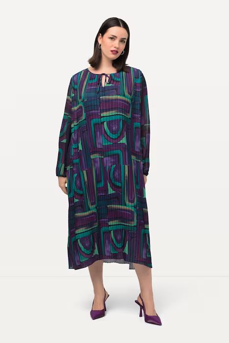 Retro Geometric Print Pleated Dress | Ulla Popken