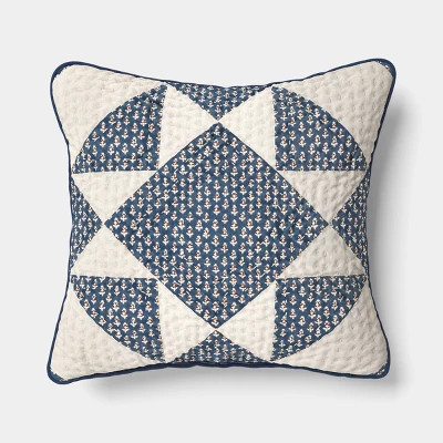 Square Patchwork Quilted Indoor Throw Pillow with Floral Reverse Neutral/Blue/Red - Threshold™ | Target