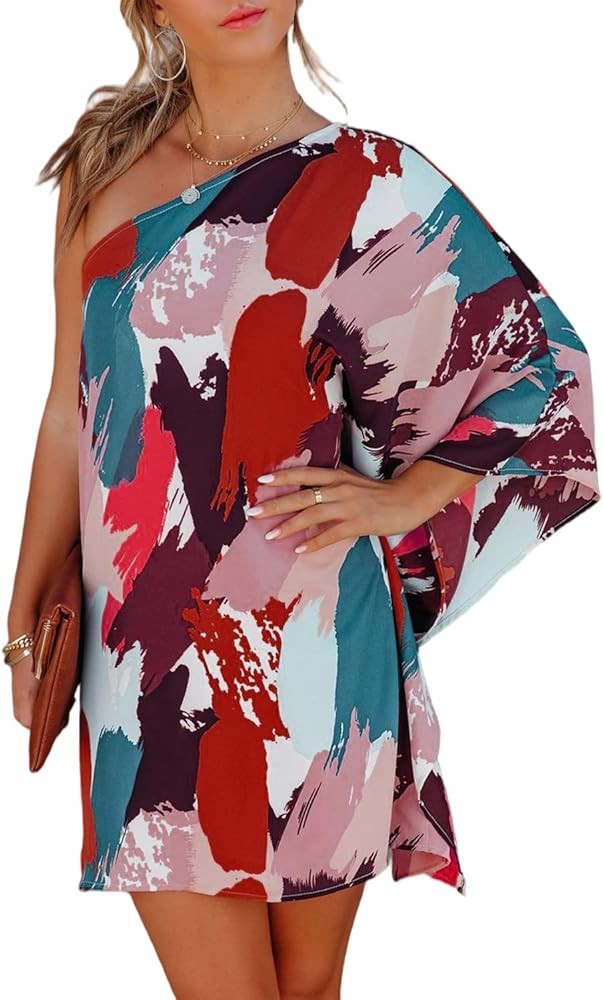 Anbiliwobo Women's One Shoulder Batwing Sleeve Mini Dress Loose Graffiti Colorblock Short Dress | Amazon (US)