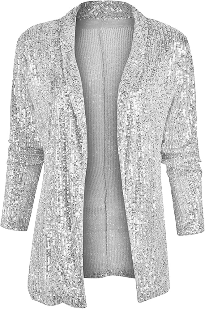 GRASWE Women's Sequin Shiny Blazers Open Front Blazer Long Sleeve Lapel Blazer | Amazon (US)