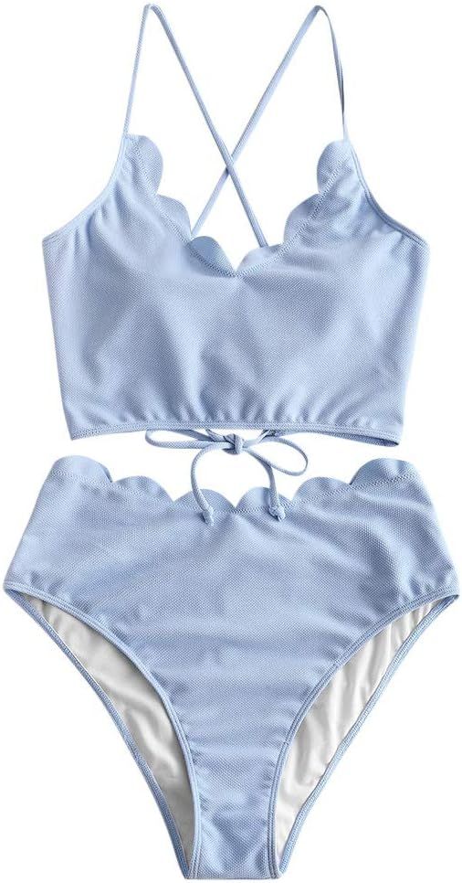 ZAFUL Women's High Waisted Tankini Set, Scalloped Trim Swimsuit Back Lace-Up High Cut Two Piece B... | Amazon (US)