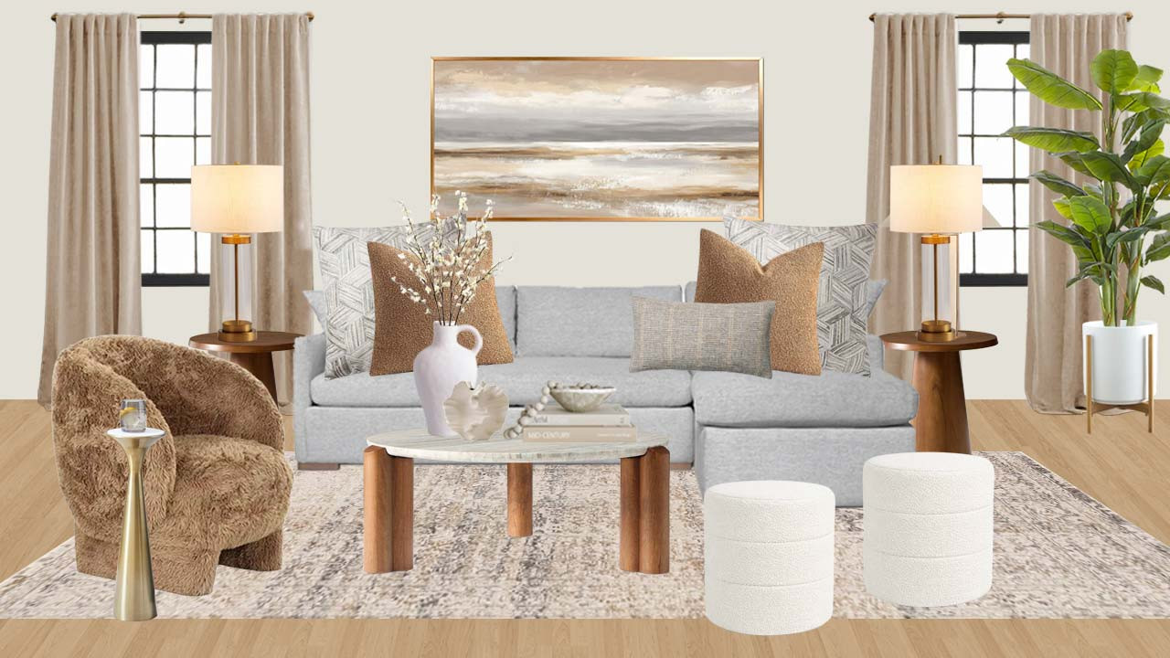 If you’re decorating around a grey sofa, this living room design shows exactly how to warm it up and make it feel cozy, rich, and designer. This space mixes a neutral grey sectional with warm brown tones, soft boucle textures, natural wood furniture, and layered neutrals for a high-end organic modern look on a budget.

Shop this look to recreate a warm, inviting living room with:

• Grey sectional sofa (the perfect neutral foundation)
• Brown boucle accent chair for warmth, texture, and a cozy designer feel
• Camel and taupe accent pillows for rich contrast and layering
• Neutral textured lumbar pillow for softness and balance
• Marble + wood coffee table to add warmth and an elevated focal point
• Round wood side table for warmth and natural contrast
• Gold sculptural drink table for a luxe finishing touch
• Boucle ottomans for soft texture and extra seating
• Beige curtains to soften the room and frame the windows
• Oversized neutral landscape wall art to tie the palette together
• Table lamps with warm linen shades for cozy ambient lighting
• Vintage-inspired neutral area rug to ground the entire room
• Decorative vase + coffee table styling pieces for that finished designer look

This grey sofa living room color scheme works beautifully if your space feels too cold, too flat, or unfinished. The warm brown accents instantly add depth, softness, and that collected designer look without overpowering your neutral palette.

Perfect for: grey sofa living room ideas, grey couch decor, brown and grey living room ideas, warm neutral living room decor, camel accent chair living room, organic modern living room, cozy living room design, decorating with brown accents, luxury neutral living room ideas, designer living room inspiration

👉 Shop all the pieces to recreate this look in your home
BLOG: modern grey couch 4-22-26 

 #LTKSeasonal #LTKOver40 #LTKHome