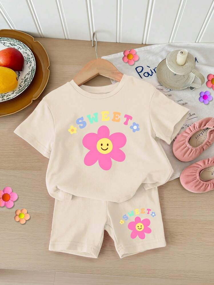 SHEIN Baby Girl's Casual And Simple Flower Printed Short Sleeve T-Shirt And Shorts Set, Suitable ... | SHEIN