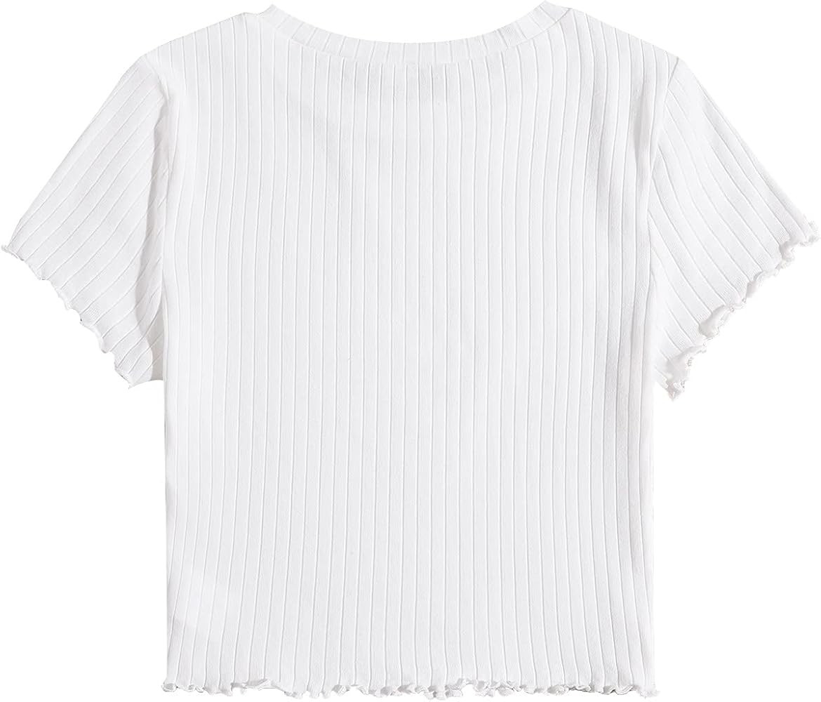 Floerns Women's Solid Lettuce Trim Rib Knit Short Sleeve Crop Tops Tee Shirts | Amazon (US)