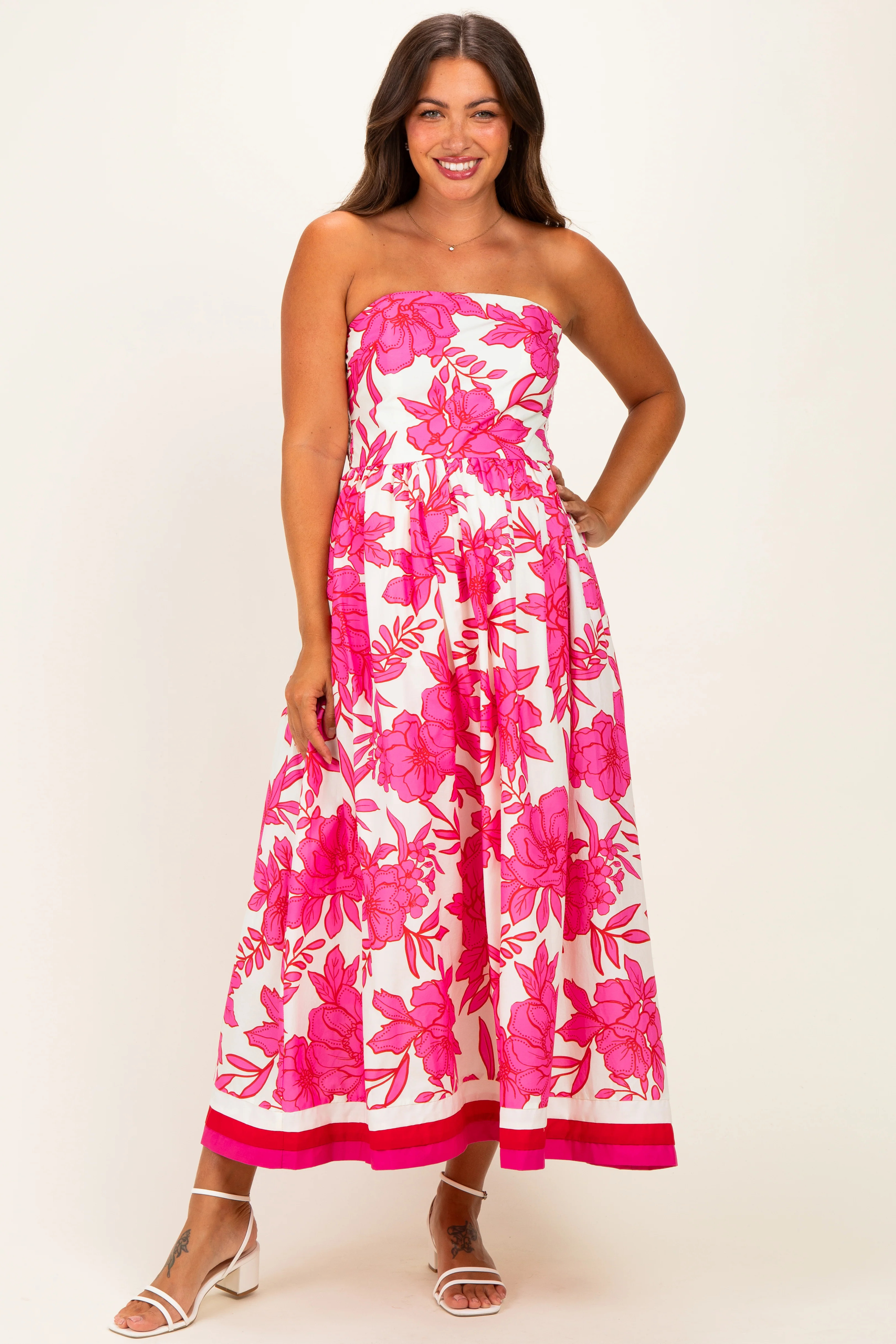 Pink Floral Strapless Maternity Midi Dress | PinkBlush Maternity