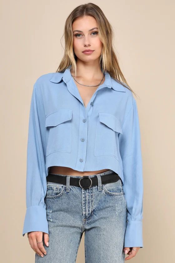 Truly Elevated Light Blue Collared Cropped Button-Up Top | Lulus