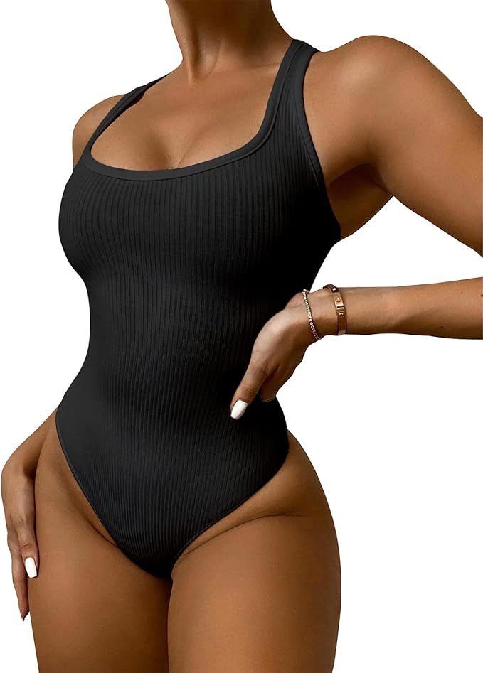 VUTRU Women's Scoop Neck Sleeveless Sexy Slim Fit Ribbed Bodysuit Racerback Jumpsuits Tank Tops w... | Amazon (US)