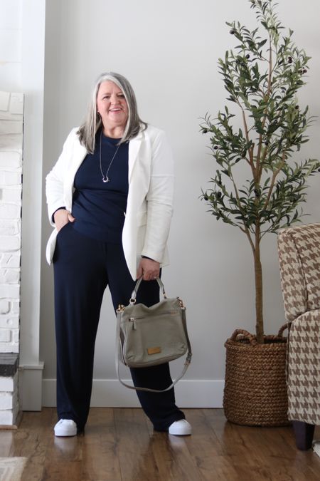 Plus size cozy chic outfit idea with J. Jill pull-on pants in size XL, Gap essential tee in XXL, and old Loft blazer. I’ve linked size inclusive pants and blazer options. Wide leg pants with sneakers. 

#midsizefashion 
#plussizefashion 
#sizeiinclusivestyle 

#LTKcurves