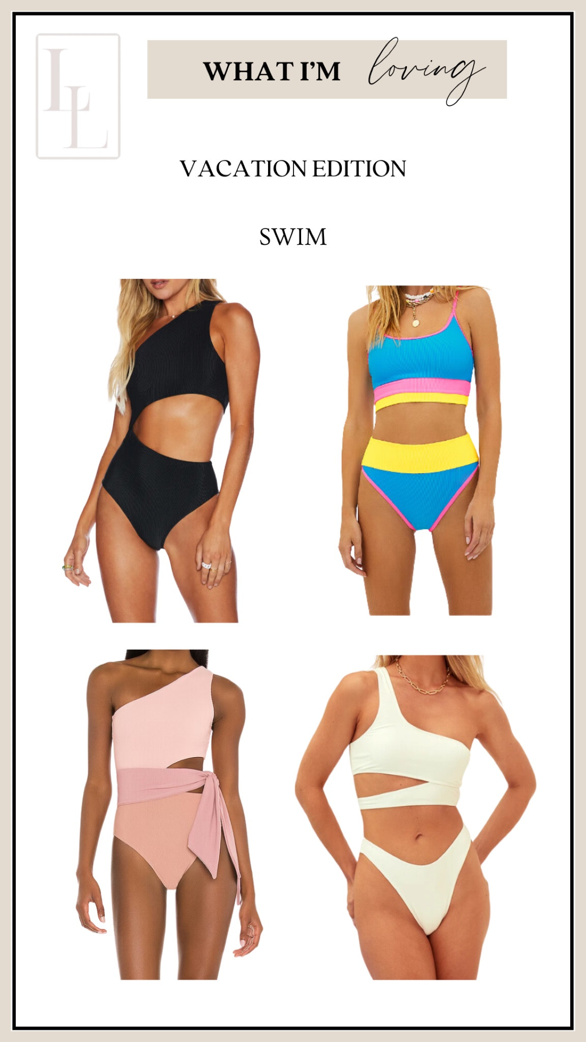 Swim wear, resort wear, swimsuit, bathing suit, two piece, one piece, high waist bikini, high cut bikini, bikini, one shoulder swimsuit, one piece swimsuit, tie front swimsuit, colorblock bikini

#LTKtravel #LTKfindsunder50 #LTKswim
