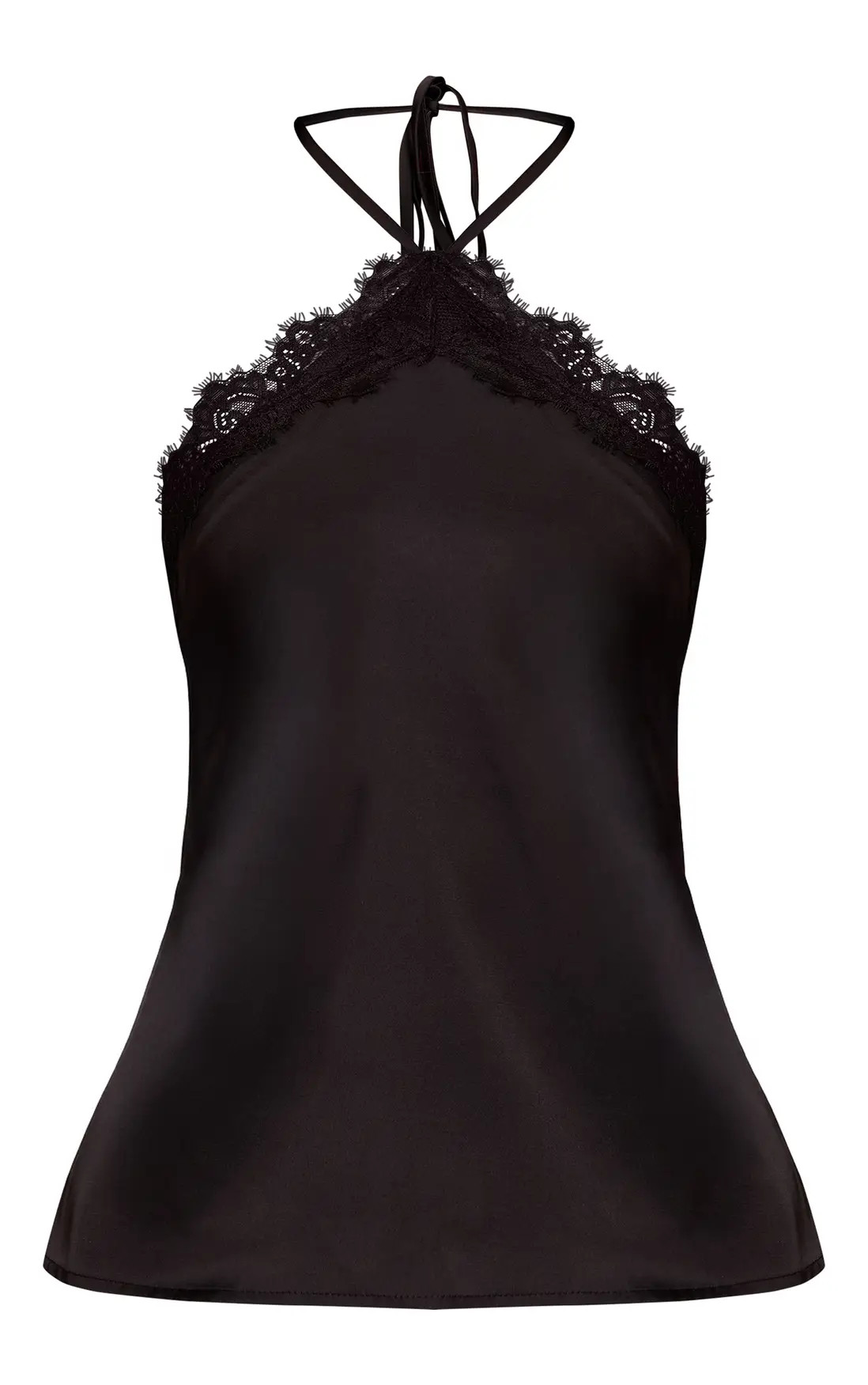 Black Satin Lace Trim Halterneck Cami Top | PrettyLittleThing US