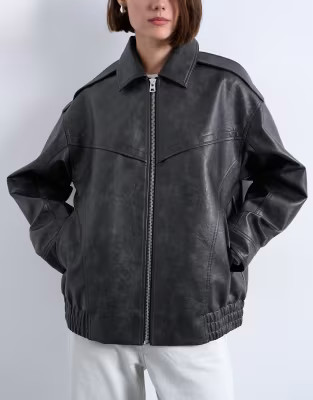 Faux leather bubble vintage wash seam detail zip thru bomber jacket in washed black | Topshop