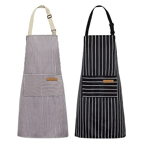 NLUS 2 Pack Kitchen Cooking Aprons, Adjustable Bib Soft Chef Apron with 2 Pockets for Men Women(Black/Brown Stripes) | Amazon (US)