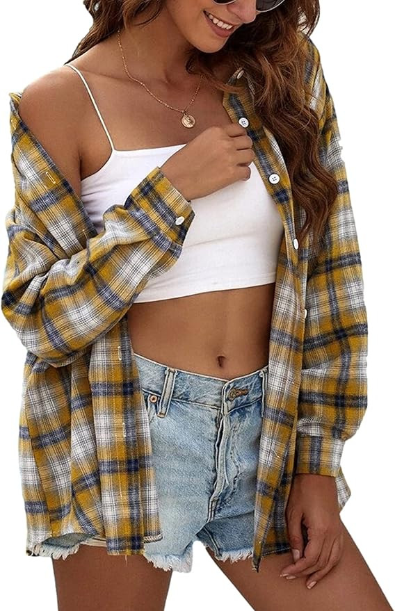 HangNiFang Womens Flannel Plaid Shirts Oversized Button Down Shirts Blouse Tops | Amazon (US)
