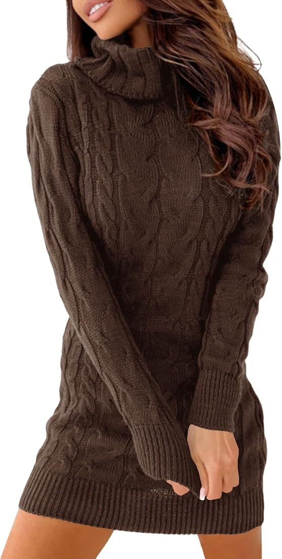 Langwyqu Womens Cable Knit Sweater Dress Sexy Long Sleeve Bodycon Turtleneck Mini Fall Sweaters D... | Amazon (US)