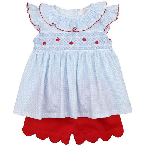 Blue And Red Gingham Smocked Apple Short Set | Cecil and Lou