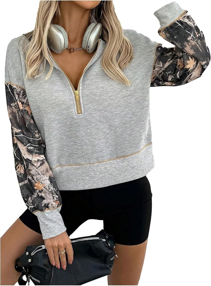 GORGLITTER Women's Camo Quarter Zip Hoodies Casual Fleece Cropped Sweatshirts Color Block Pullove... | Amazon (US)