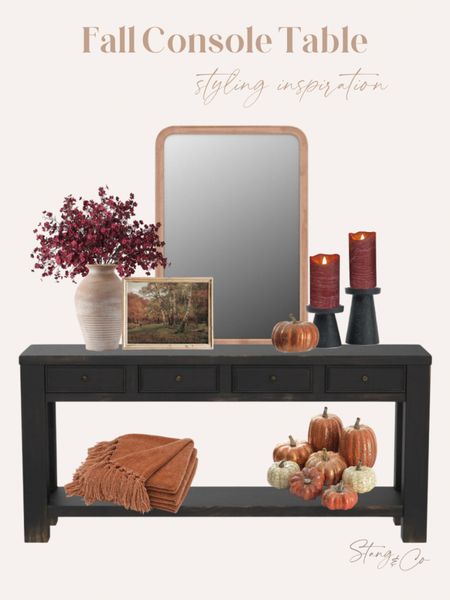 This Fall console style inspiration includes a wood trimmed mirror over a black console table. I’ve added some natural elements like this rustic vase, faux stems and decorative pumpkins. Add a Fall framed print, candles, and a blanket to add to the cozy vibes. 

Console styling, fall decor, fall decorations, fall style 

#LTKstyletip #LTKhome #LTKunder50