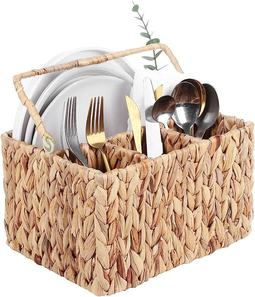Vastarsky Utensil Caddy, Water Hyacinth Silverware Holder with 4 Compartments, Cutlery Caddy for ... | Amazon (US)