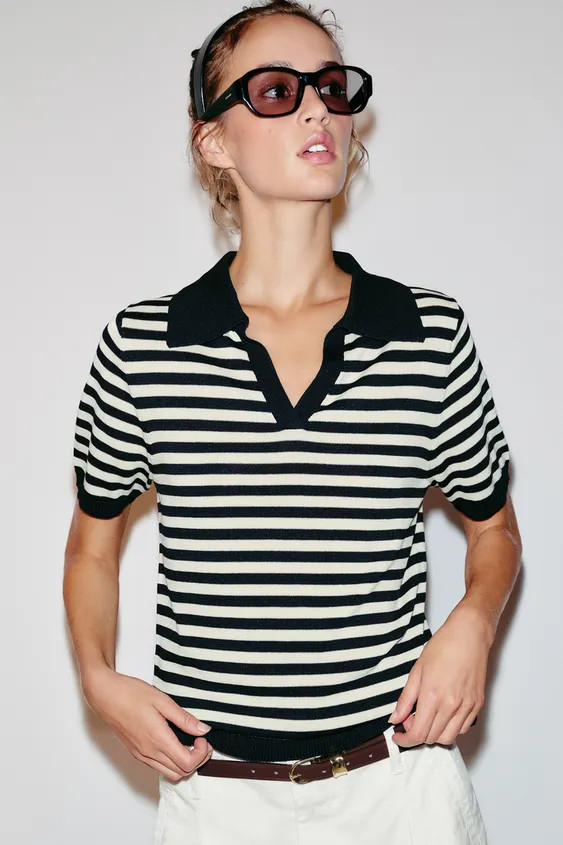 Model height: 173 cmStriped knit polo top with a V-neck, polo collar and short sleeves. | Zara IT
