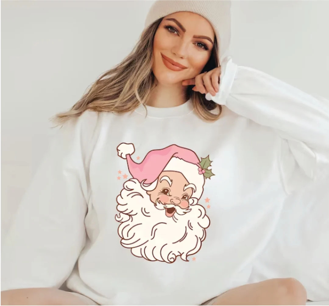 Pink Retro Santa Shirt, Christmas Sweatshirt, Women Christmas Santa Shirts, Cute Vintage Santa Sh... | Etsy (US)