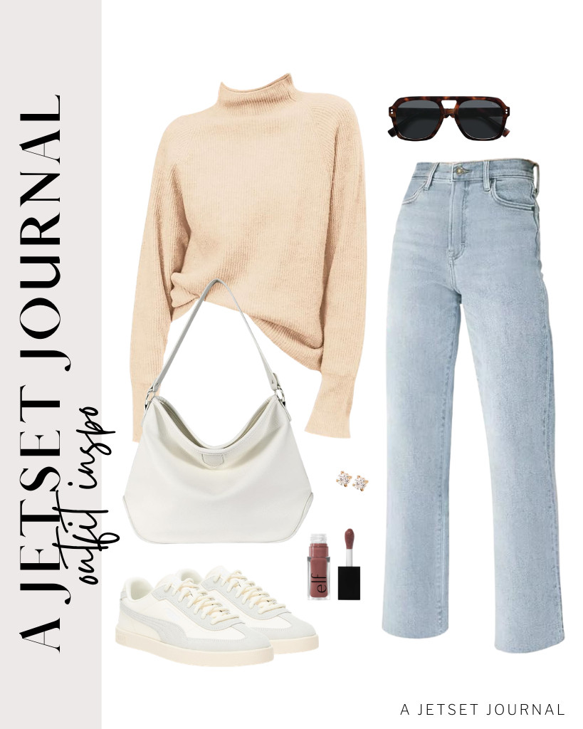 I usually pick lighter tones for warmer days. This combination of a beige long-sleeve sweater and light-wash jeans is giving a relaxed feel. Carrying a bright white bag like this is also a great choice. 

 #LTKSeasonal #LTKSaleAlert #LTKTravel