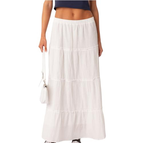 Faretumiya Women Boho Maxi Skirt High Elastic Waist Flowy Pleated Long Skirt Swing Tiered A Line Skirt Bohemian Casual Skirt(B-White,Small) | Amazon (US)