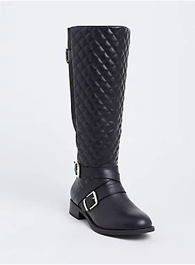 Black Faux Leather Quilted Strappy Knee-High Boot (Wide Width) | Torrid