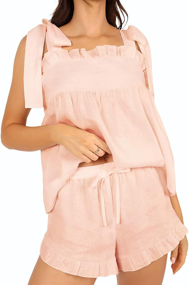 Womens Summer 2 Piece Set Tie Straps Ruffle Trim Cami Top and Shorts Set Cotton Pajamas Set | Amazon (US)
