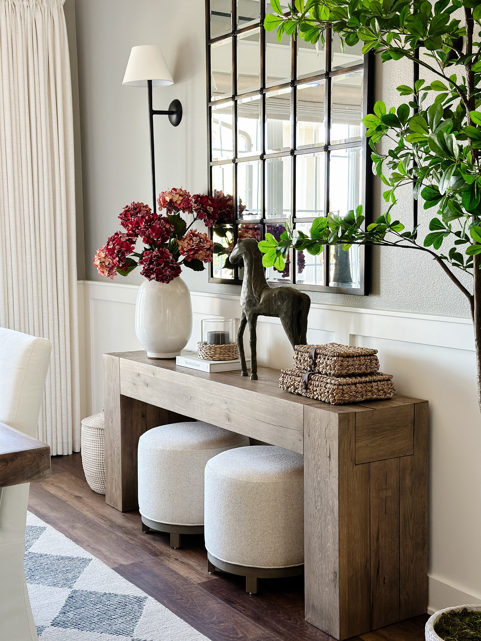 Summer dining room
Console table style
Large multi panel mirror
Burgundy hydrangeas 
Woven decorative boxes
Swivel ottoman 

#LTKStyleTip #LTKHome #LTKSaleAlert