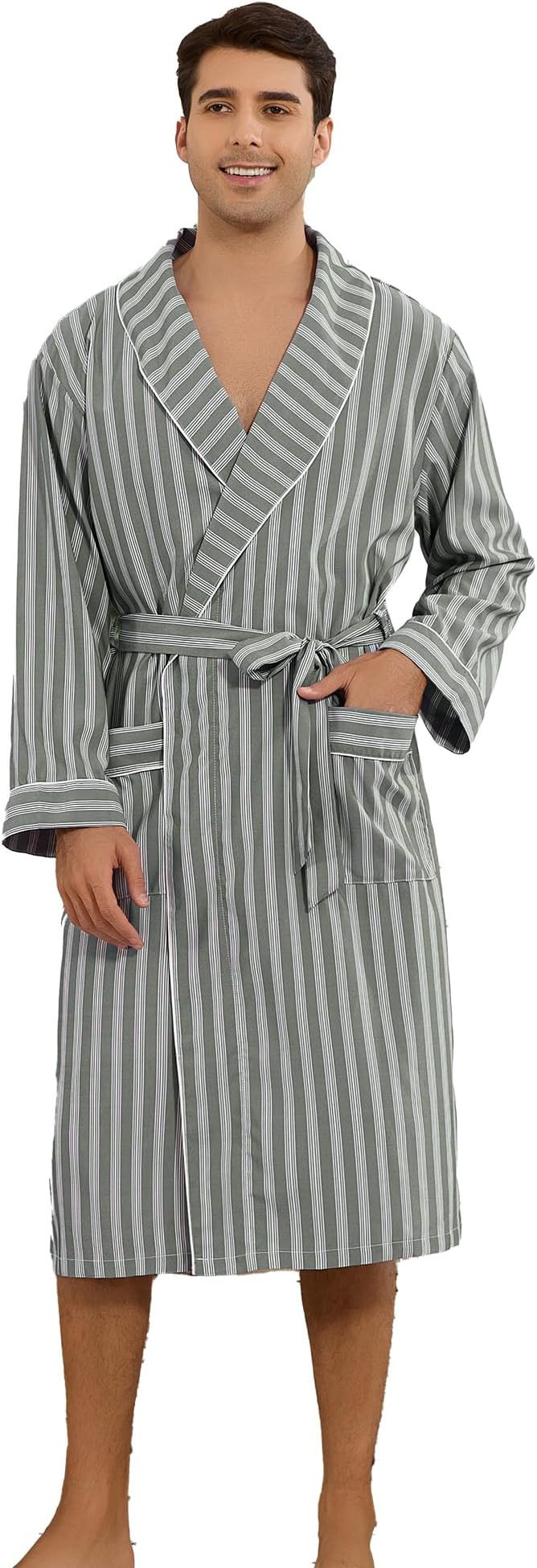 Vulcanodon Mens Robe Lightweight Striped Kimono Bathrobe, Soft Long Sleeve Knee Length Sleepwear | Amazon (US)
