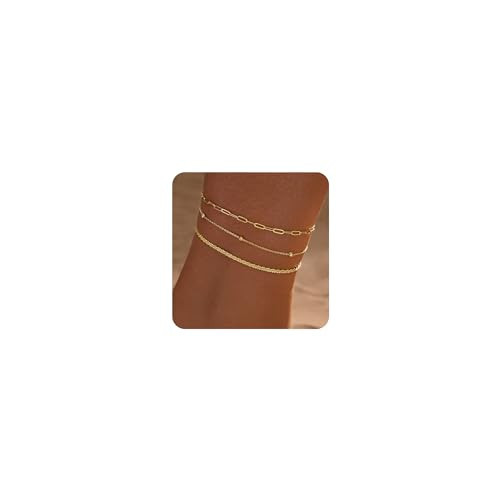 MIDEEO Gold/Silver Ankle Bracelets for Women,14K Gold Anklets for Women Waterproof Cuban Link Heart Beads Herringbone Rhinestone Anklets Set Layered Anklet Bracelets for Women Gold Jewelry Gift | Amazon (US)
