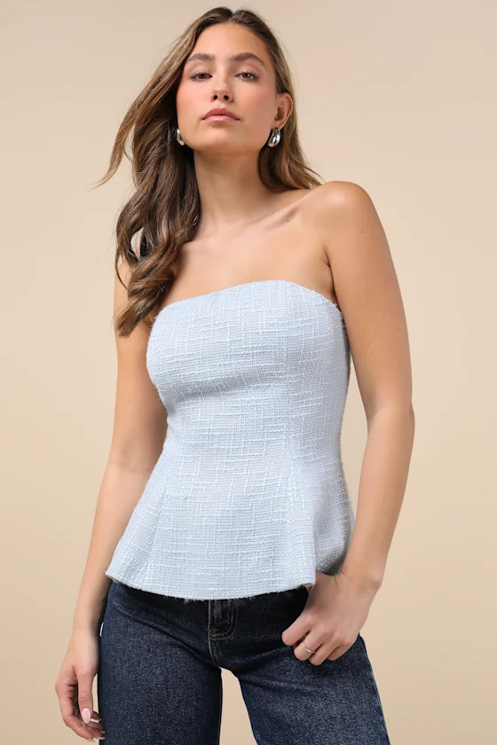 Sweetened Attitude Light Blue Tweed Strapless Peplum Top | Lulus