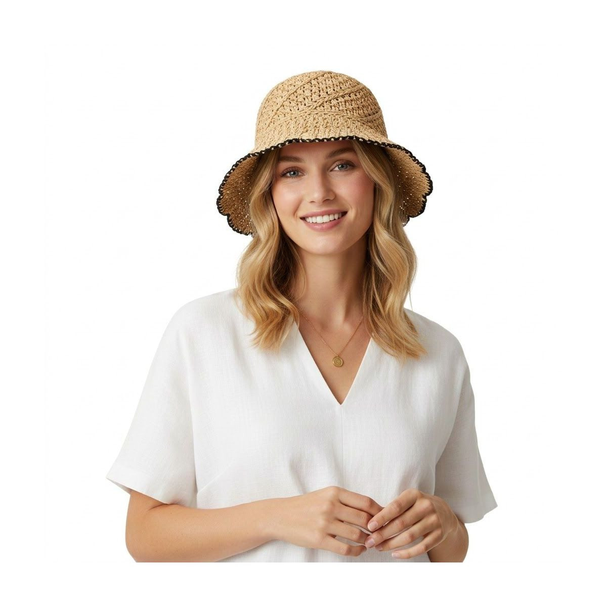 Anna-Kaci Women Crochet Straw Bucket Hat Scalloped Edge Wide Brim Summer Sun Hat, Khaki | Target
