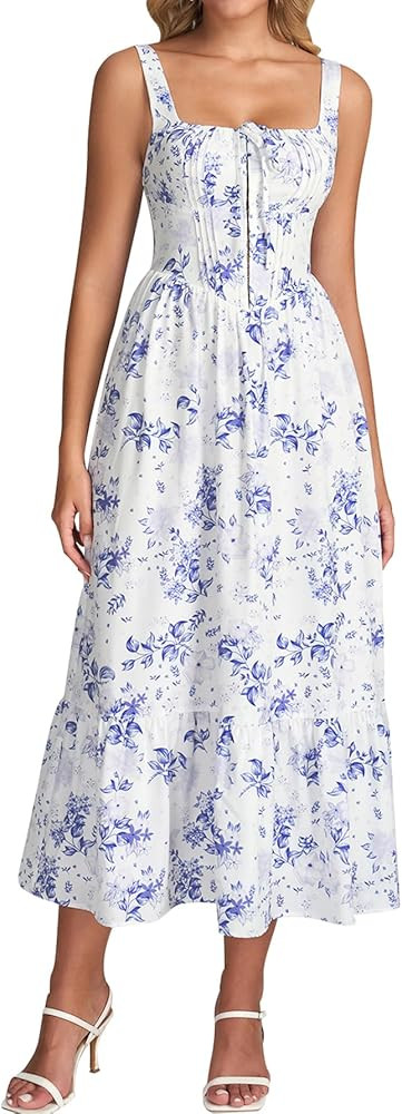KUTUMAI Summer Corset Midi Wedding Guest Dresses for Women Floral Flowy Lace Up Tea Party Dress H... | Amazon (US)