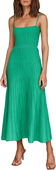 Fazortev Womens Casual Ribbed Knit Square Neck Long Cami Dress Sexy A Line Sleeveless Spaghetti S... | Amazon (CA)